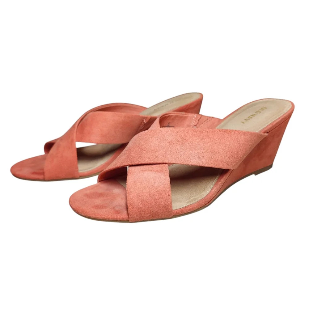 Old Navy Faux Suede Cross Strap‎ Coral Wedge Sandals Slides Desert Rose Orange 8